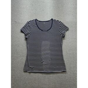 Target Women Top L Navy Blue Stripe Scoop Neck Short Sleeve Stretch Fitted Wear